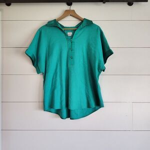 CHICO'S Green Linen Blend Popover Top Satin Trim Mature Lagenlook Beachy Sz 3 XL